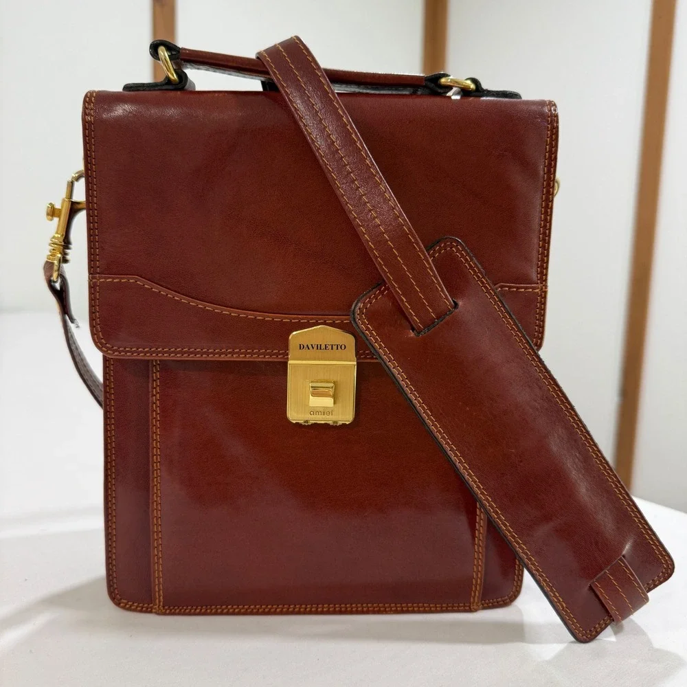Daviletto Made in Spain Leather Messenger Bag Brown Amiet Swiss Lock Crossbody